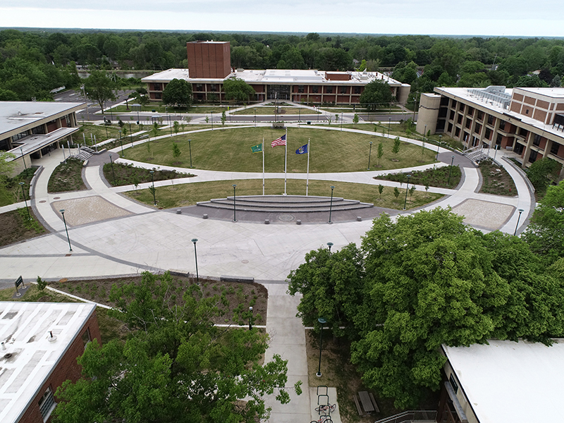 Campus aerial of flag poles