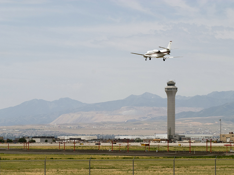 Business jet landing at Salt Lake City International Airport